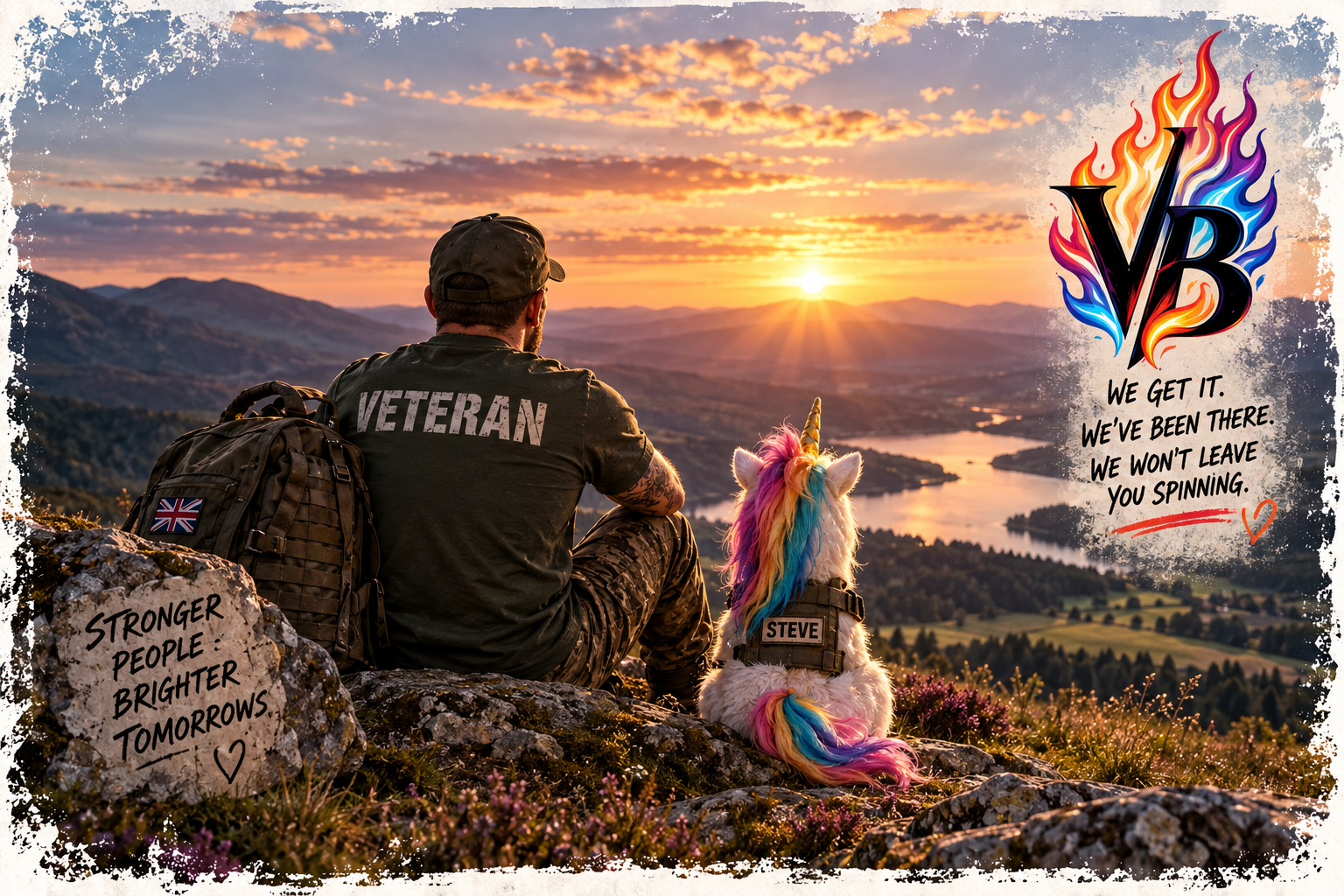 Veteran overlooking the landscape with Steve the unicorn