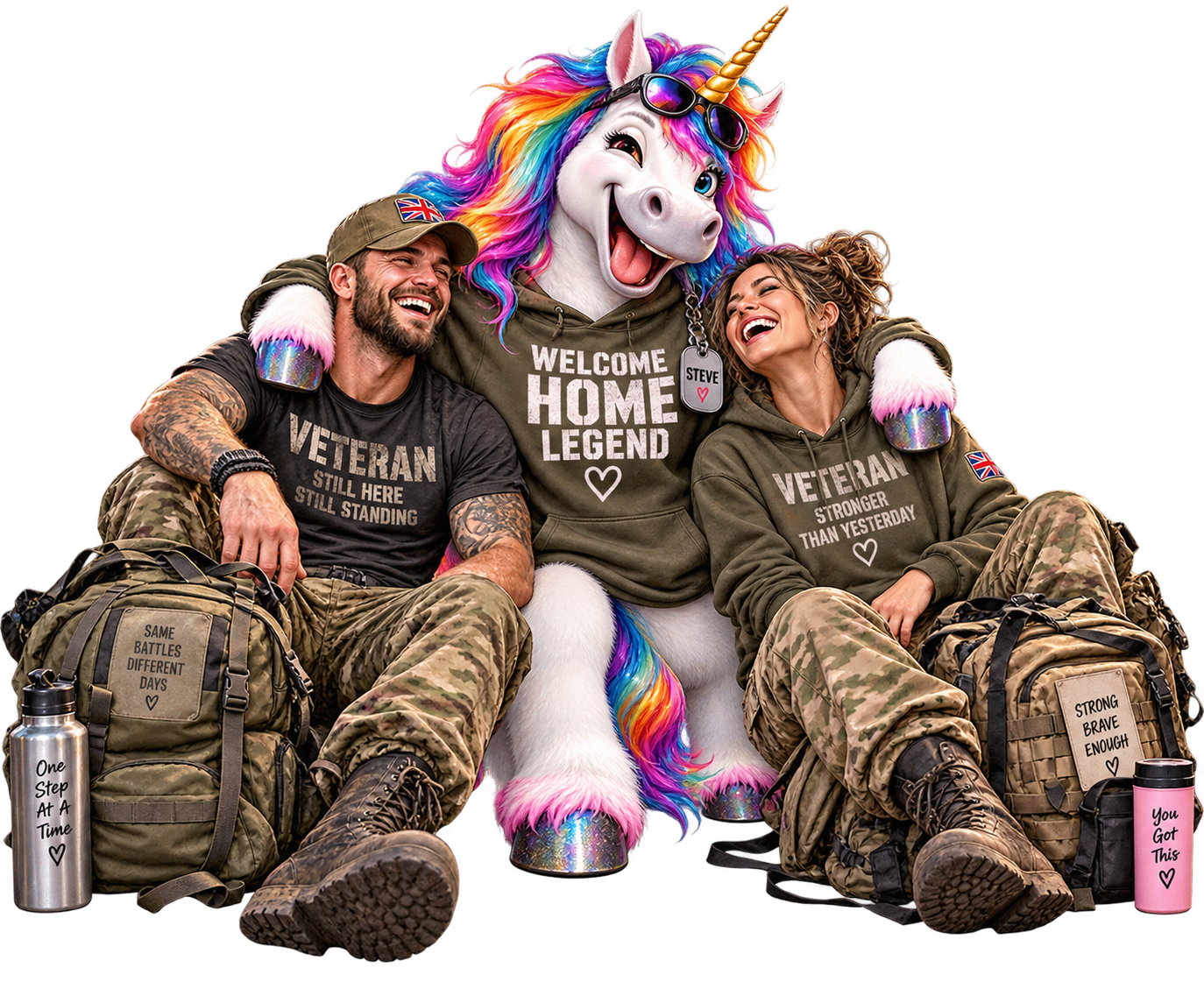 Steve the unicorn welcoming two veterans into the Veterans Backbone community