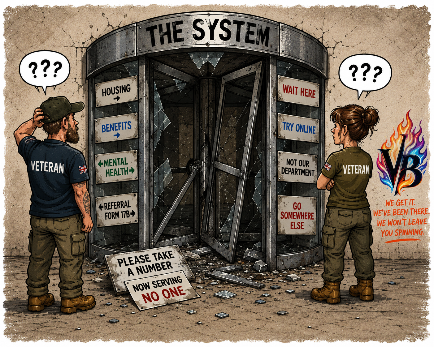 Veterans Backbone illustration showing veterans navigating the revolving door of support systems